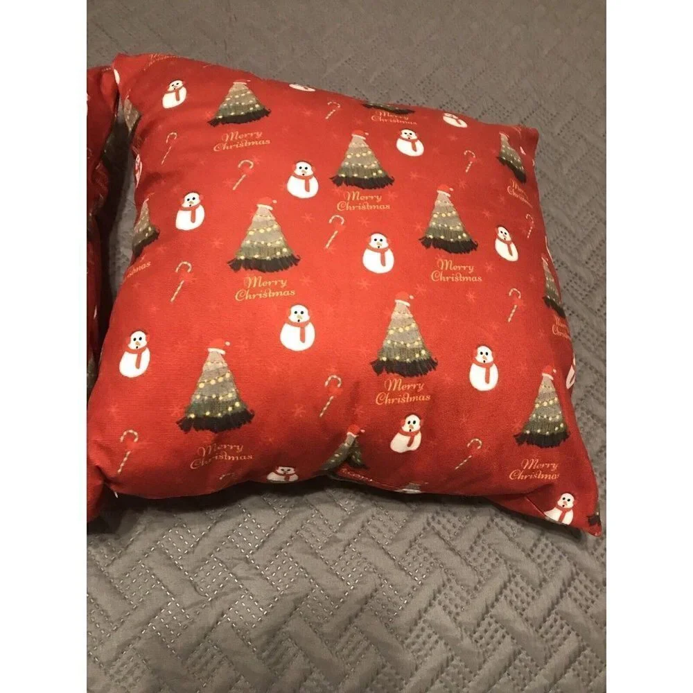 2 Snowman Pillows Winter Scene Merry Christmas 18x18” Stuffed & Zippered Soft